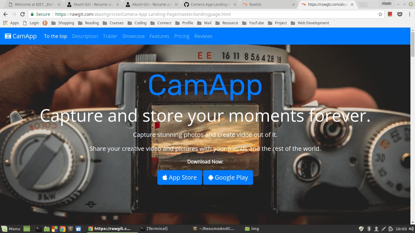 Responsive camera app landing page